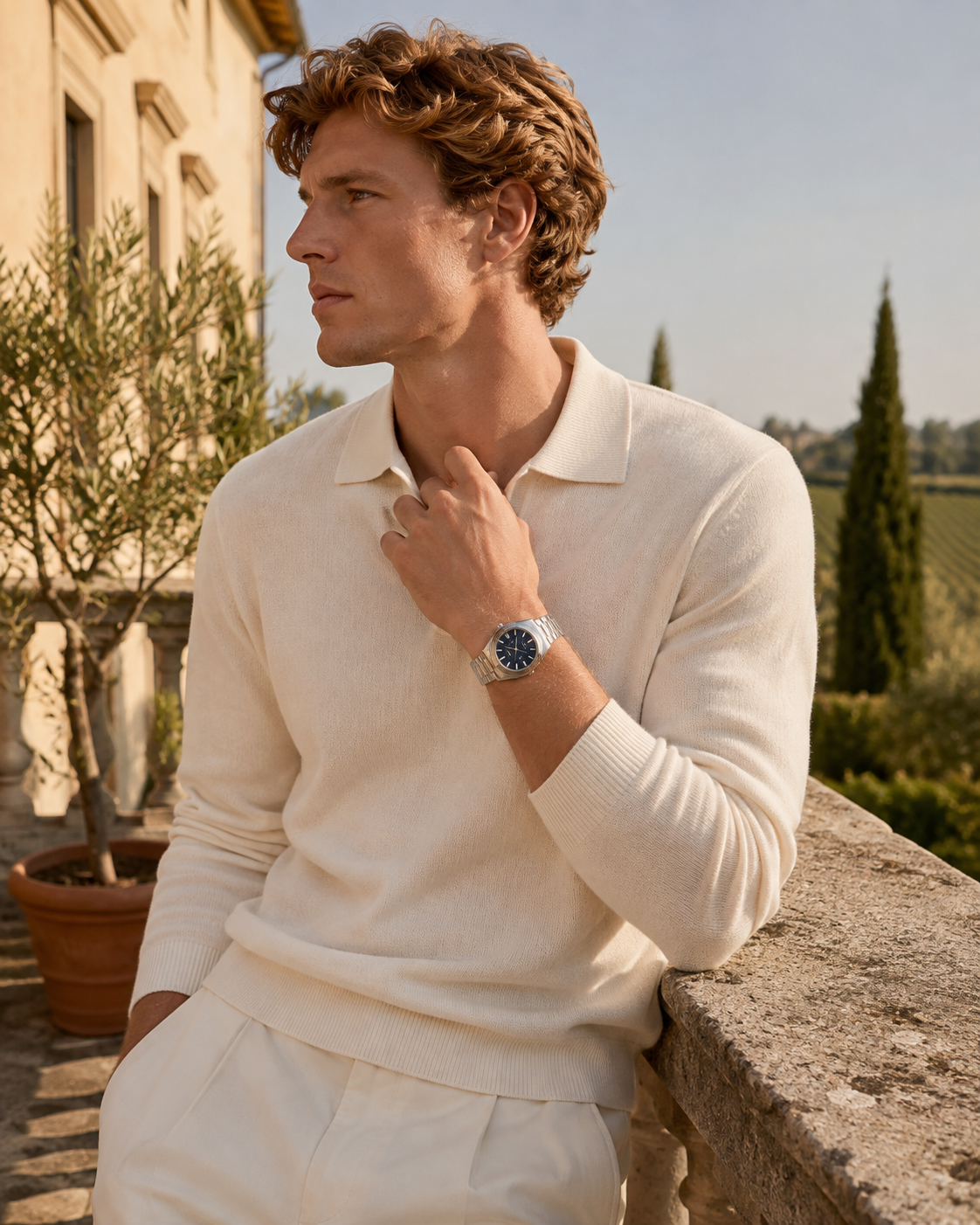 Lucerne Steel Watch in Midnight Blue worn by a model on a stone balustrade