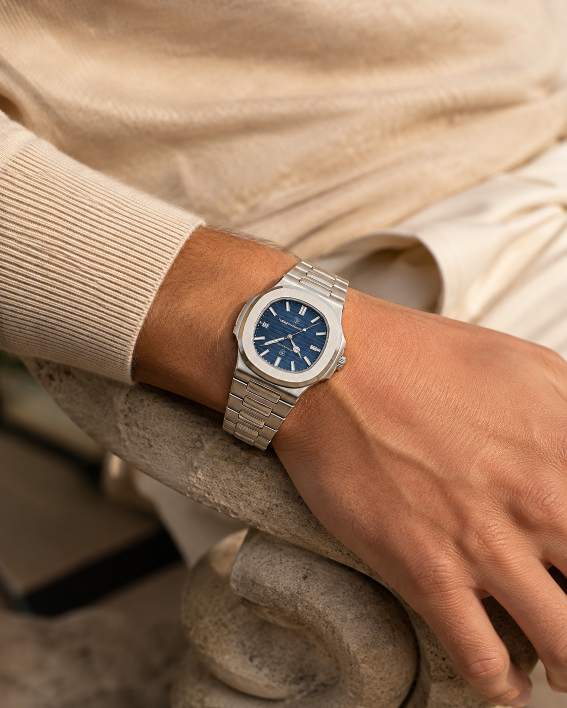 Close-up of the Lucerne Steel Watch in Midnight Blue on the wrist