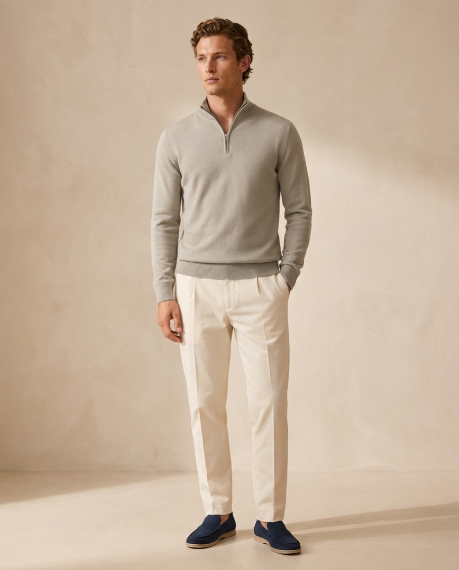 Man wearing the Chamonix Zip Sweater in Stone Beige with cream trousers against a warm beige wall