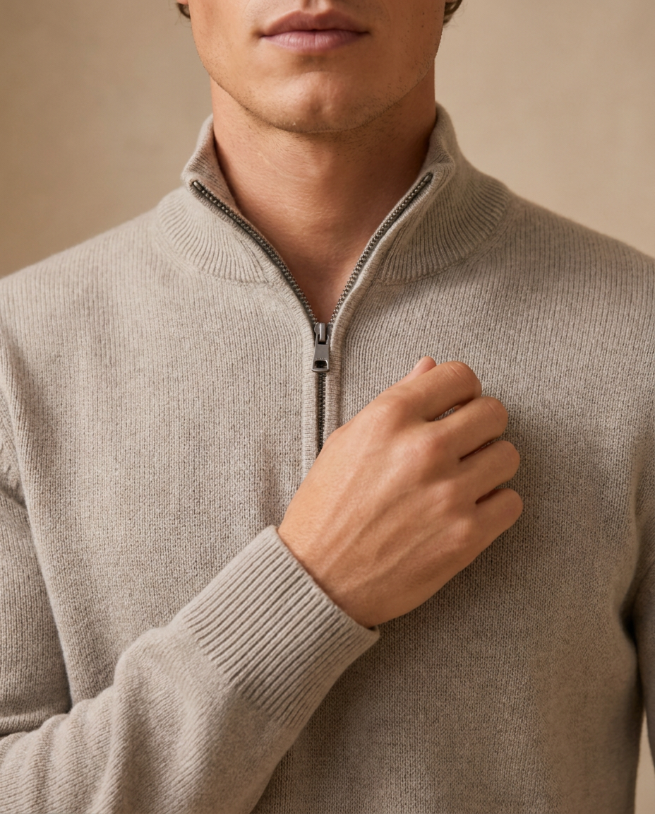 Close-up of the Chamonix Zip Sweater collar, half-zip and knit texture