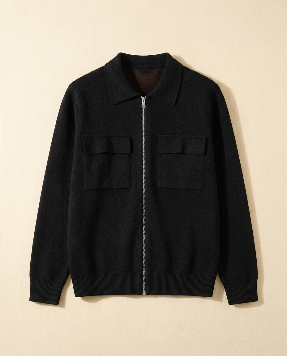 Courchevel Zip Cardigan in Noir, front packshot on a cream background