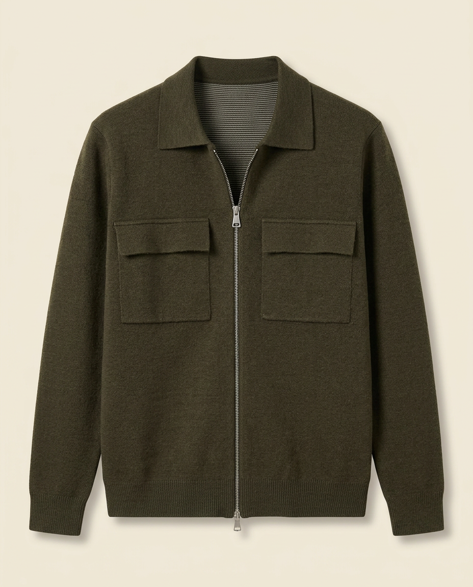 Courchevel Zip Cardigan in Olive Green, front packshot on a cream background