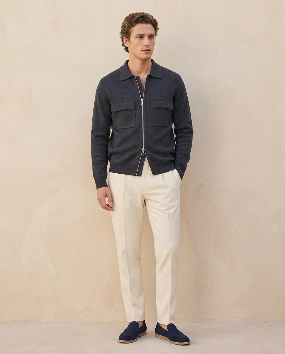 Man wearing the Courchevel Zip Cardigan in Dark Grey with cream trousers against a warm beige wall