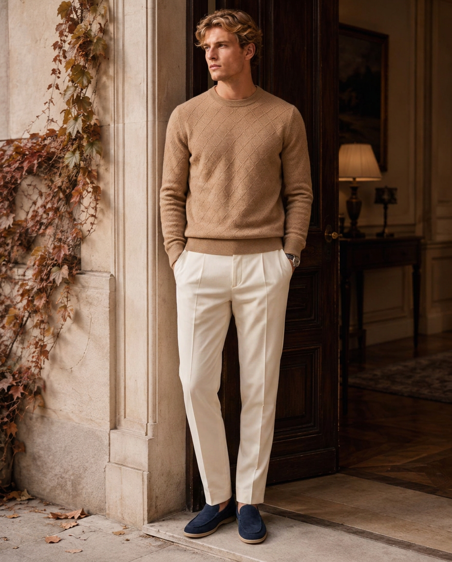 Model in the Megève Knit Sweater standing in a classic stone entrance with autumn ivy