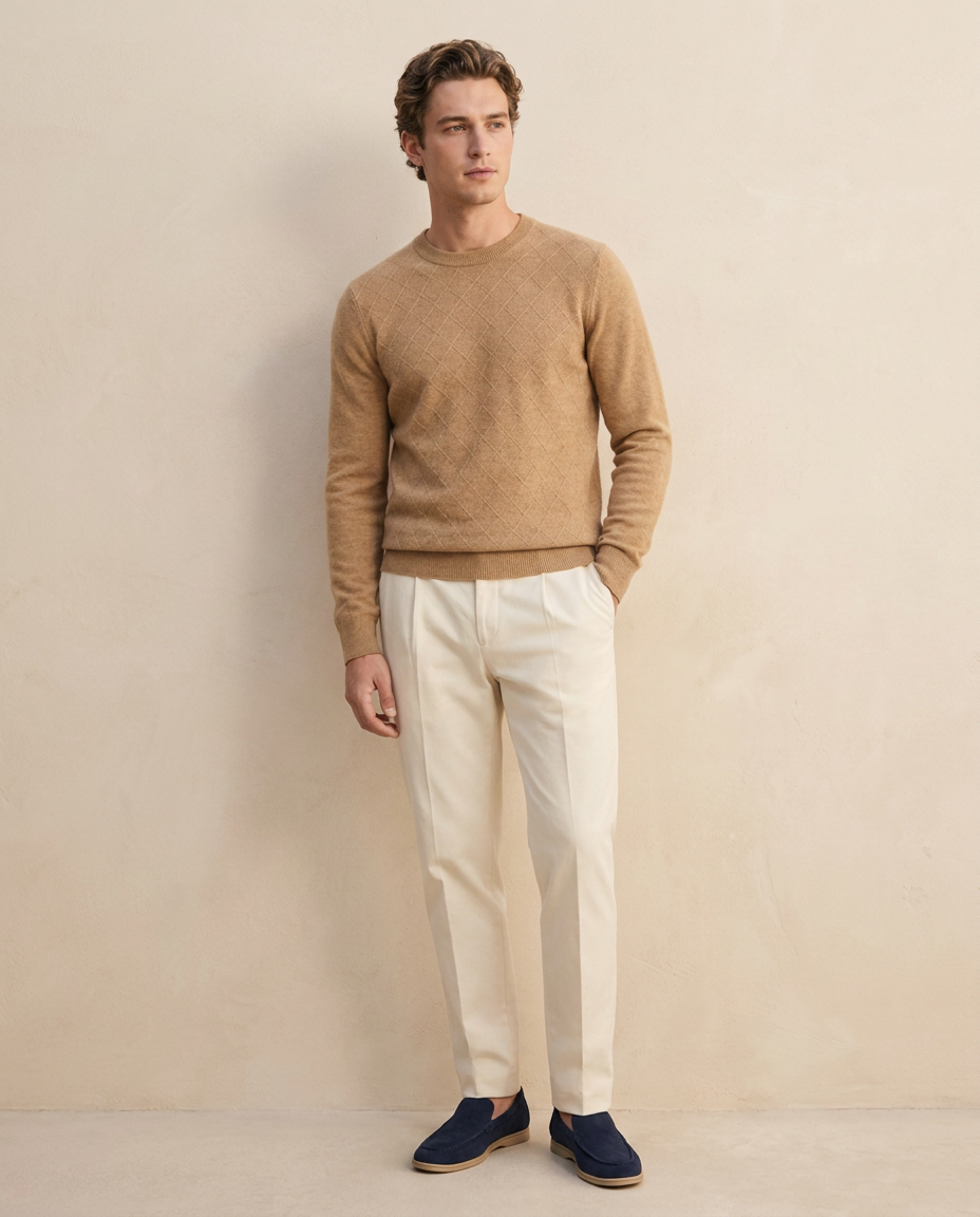 Man wearing the Megève Knit Sweater in Camel with cream trousers against a warm beige wall