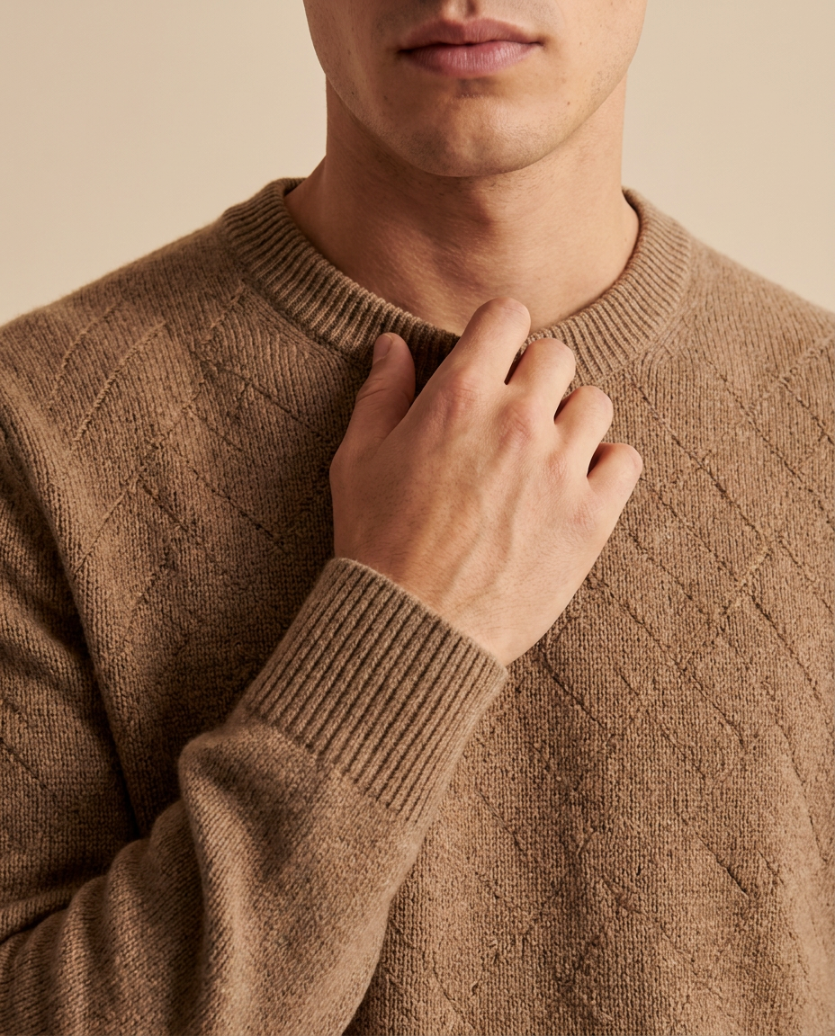 Close-up of the Megève Knit Sweater crew neck and diamond knit texture