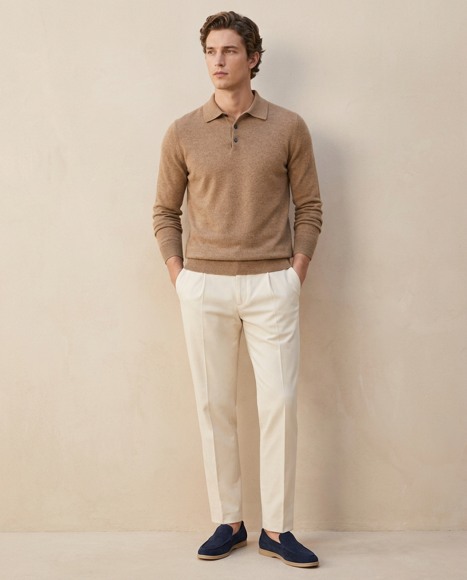 Man wearing the Biarritz Knit Polo in Camel with cream trousers against a warm beige wall