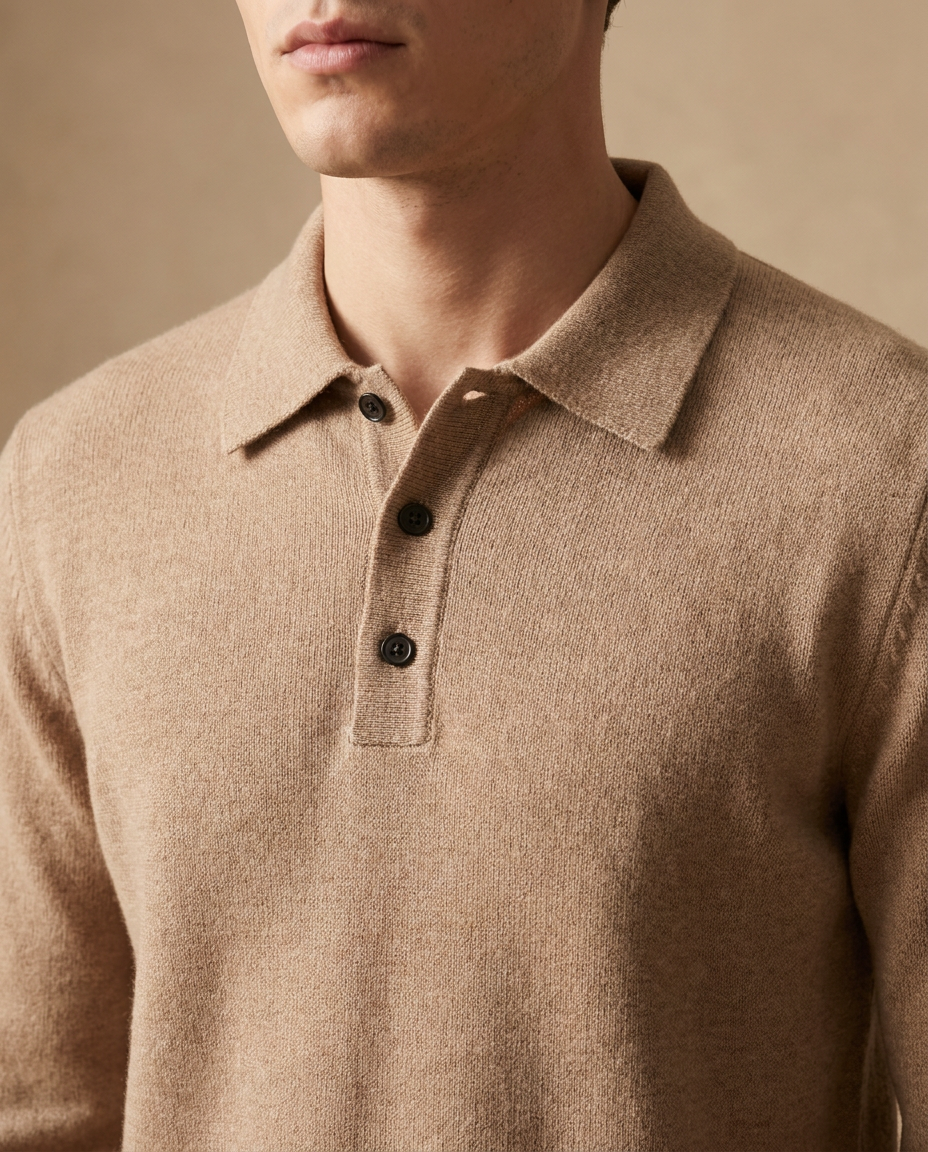Close-up of the Biarritz Knit Polo collar, button placket and knit texture