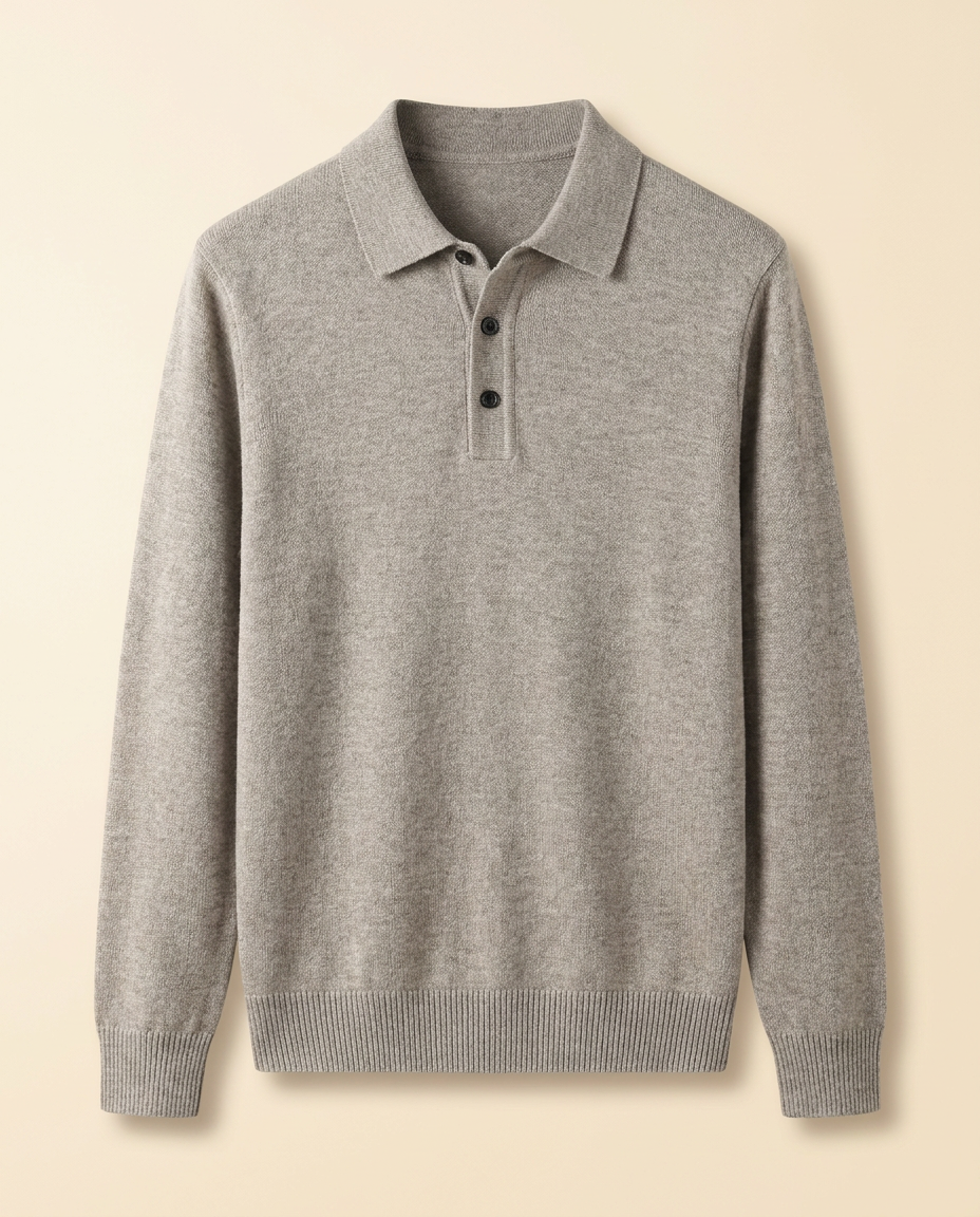 Biarritz Knit Polo in Greige, front packshot on a cream background