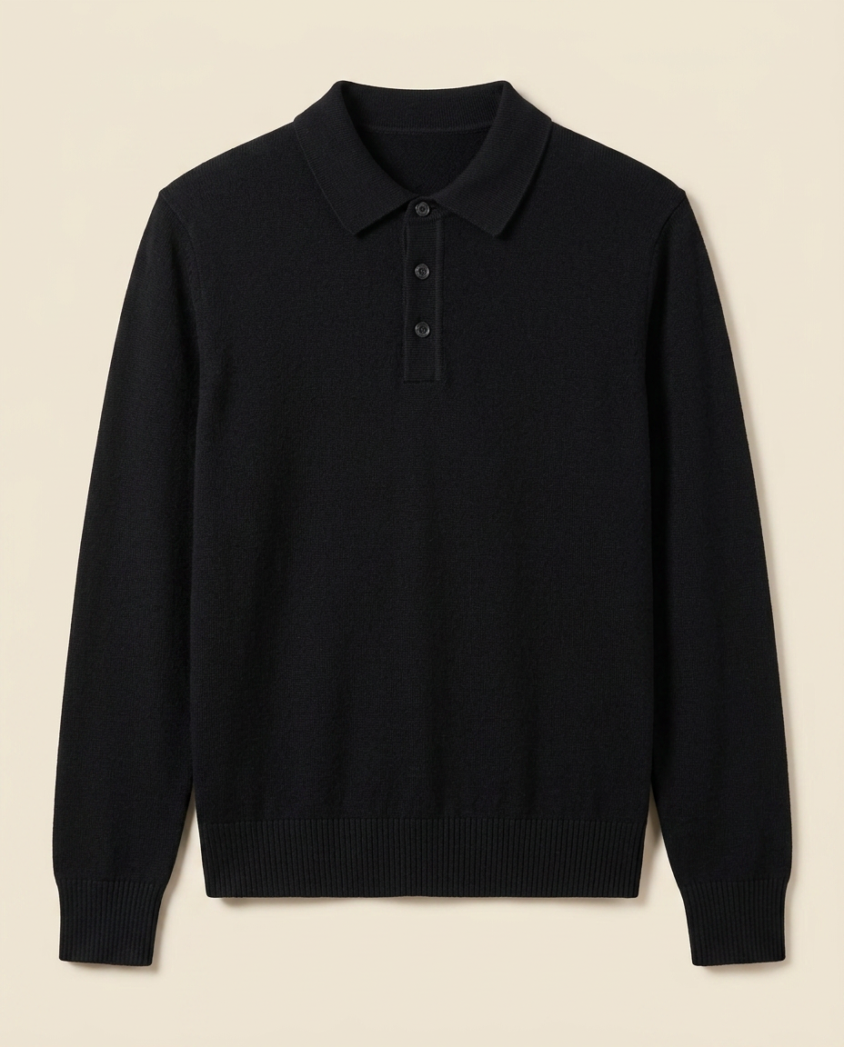 Biarritz Knit Polo in Noir, front packshot on a cream background