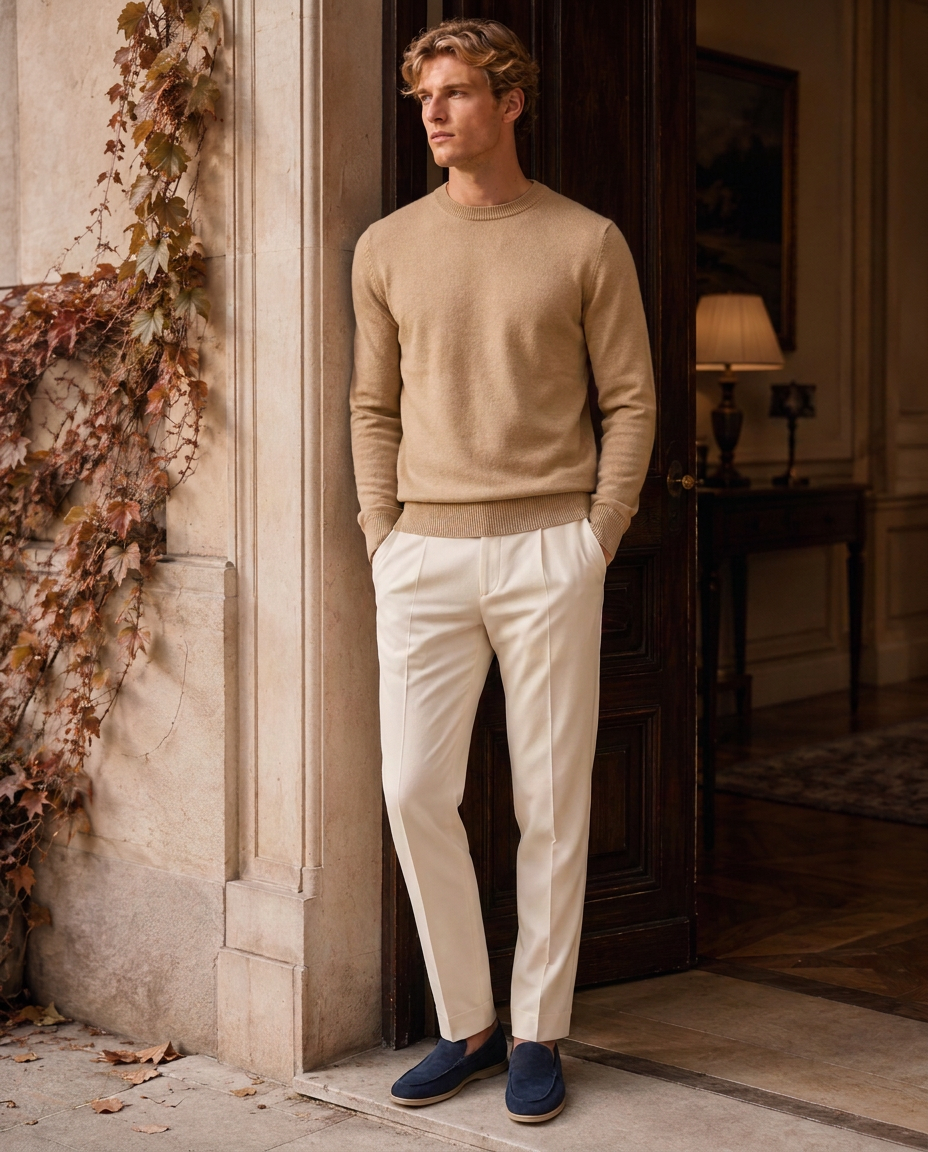 Model in the Megève Knit Sweater standing in a classic stone entrance with autumn ivy