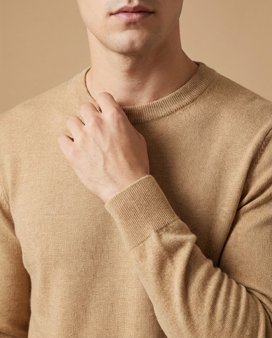 Close-up of the Megève Knit Sweater crew neck and fine knit texture