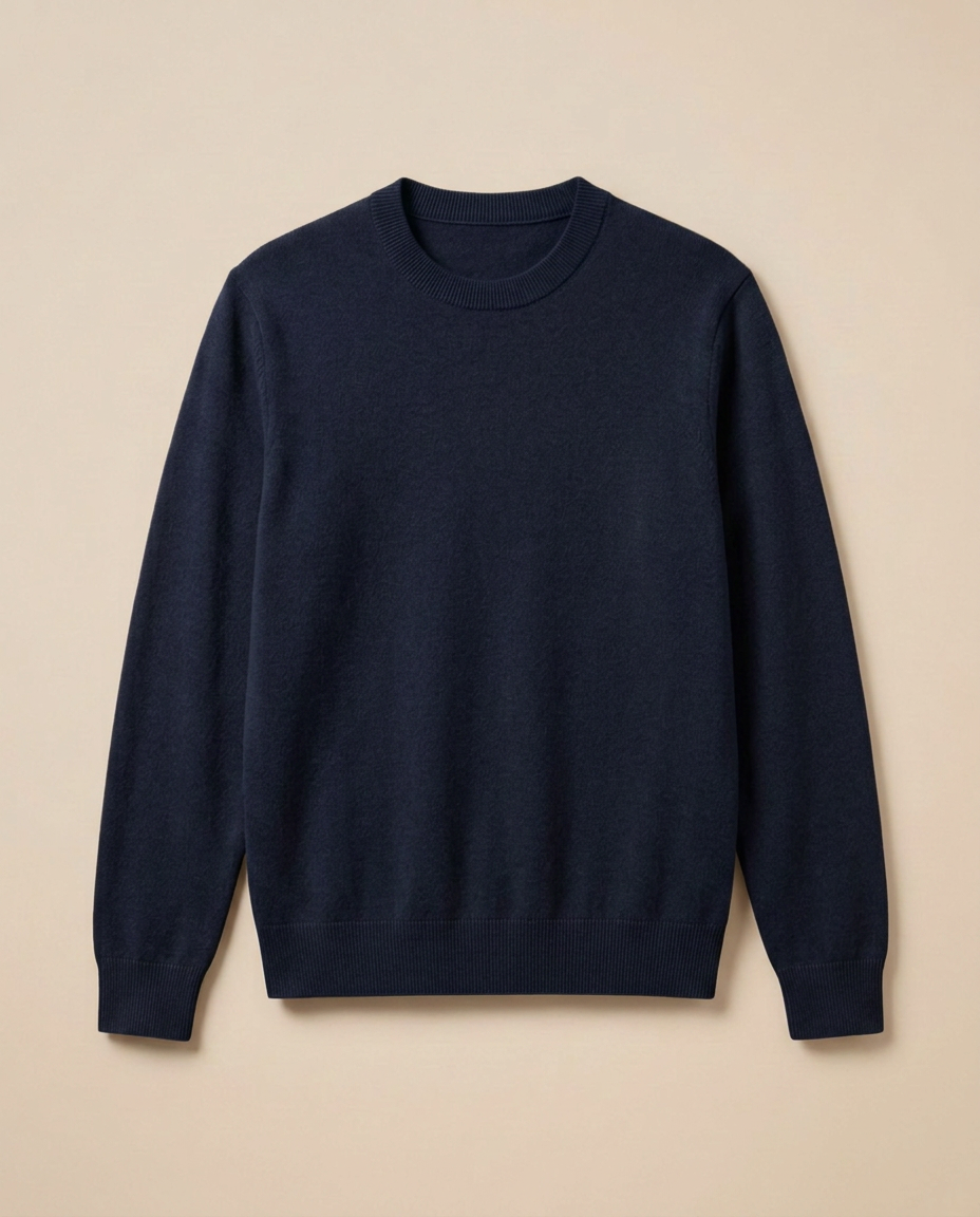 Megève Knit Sweater in Midnight Navy, front packshot on a warm beige background
