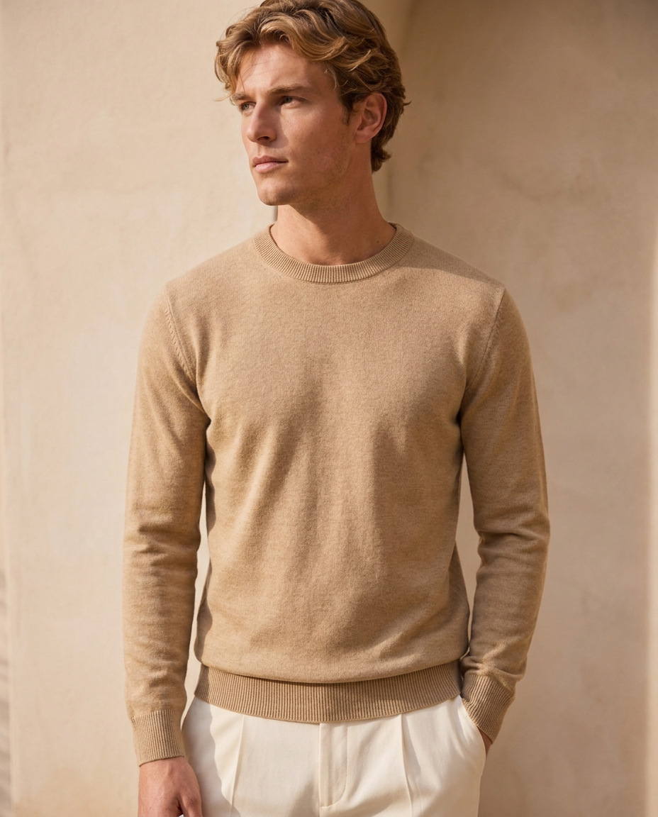 Man wearing the Megève Knit Sweater in Camel with cream trousers against a warm beige wall