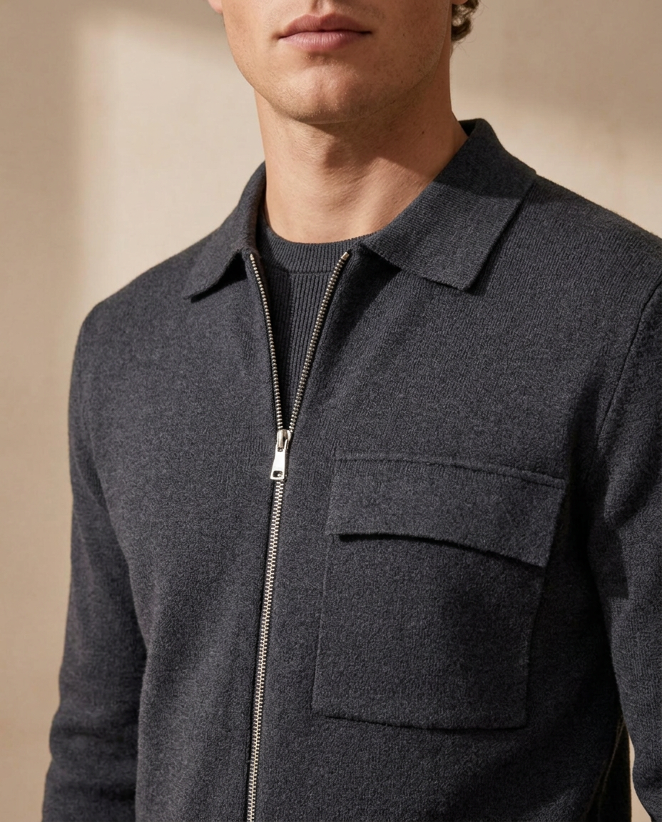Close-up of the Courchevel Zip Cardigan collar, zipper and knit texture