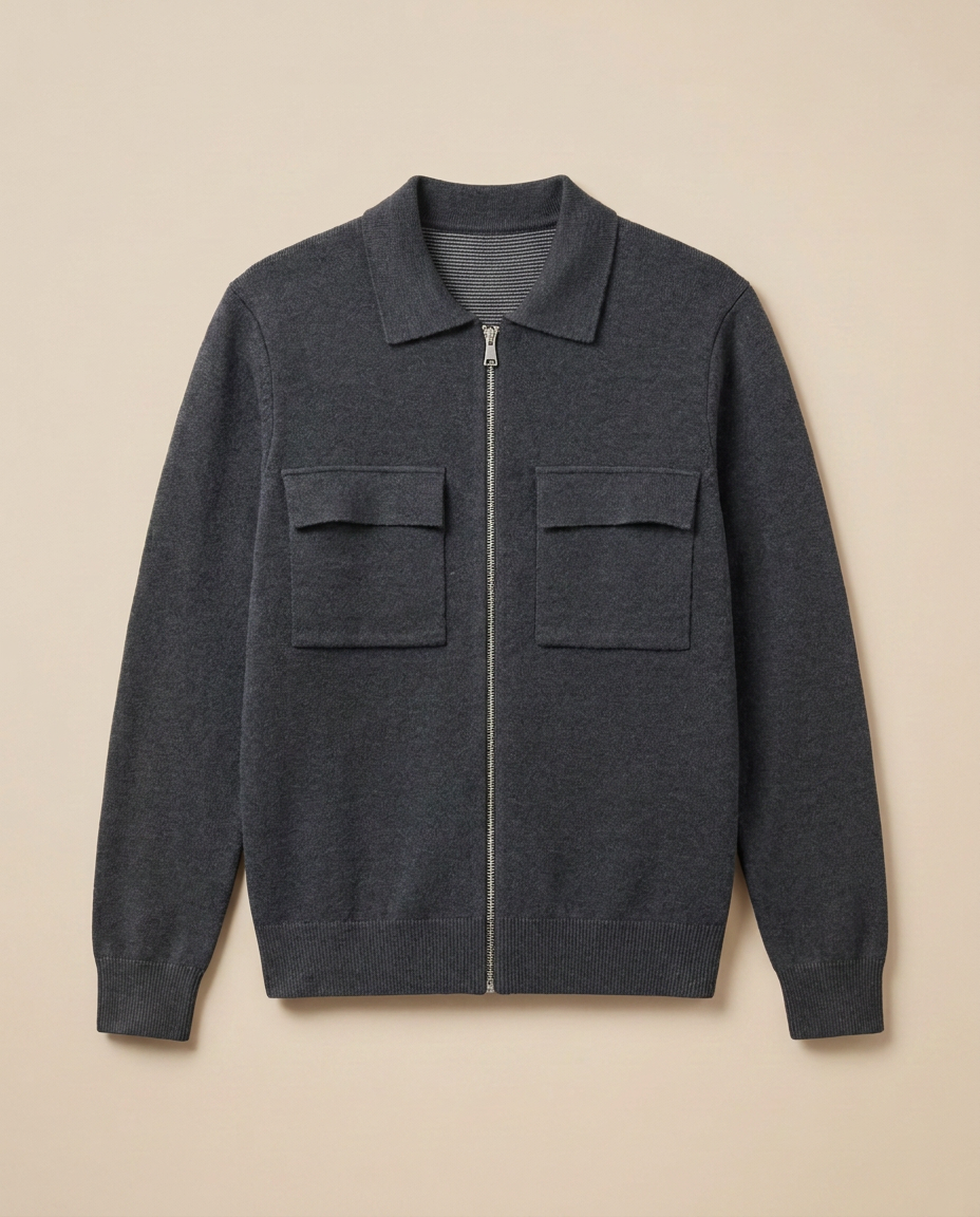 Courchevel Zip Cardigan in Dark Grey, front packshot on a warm beige background