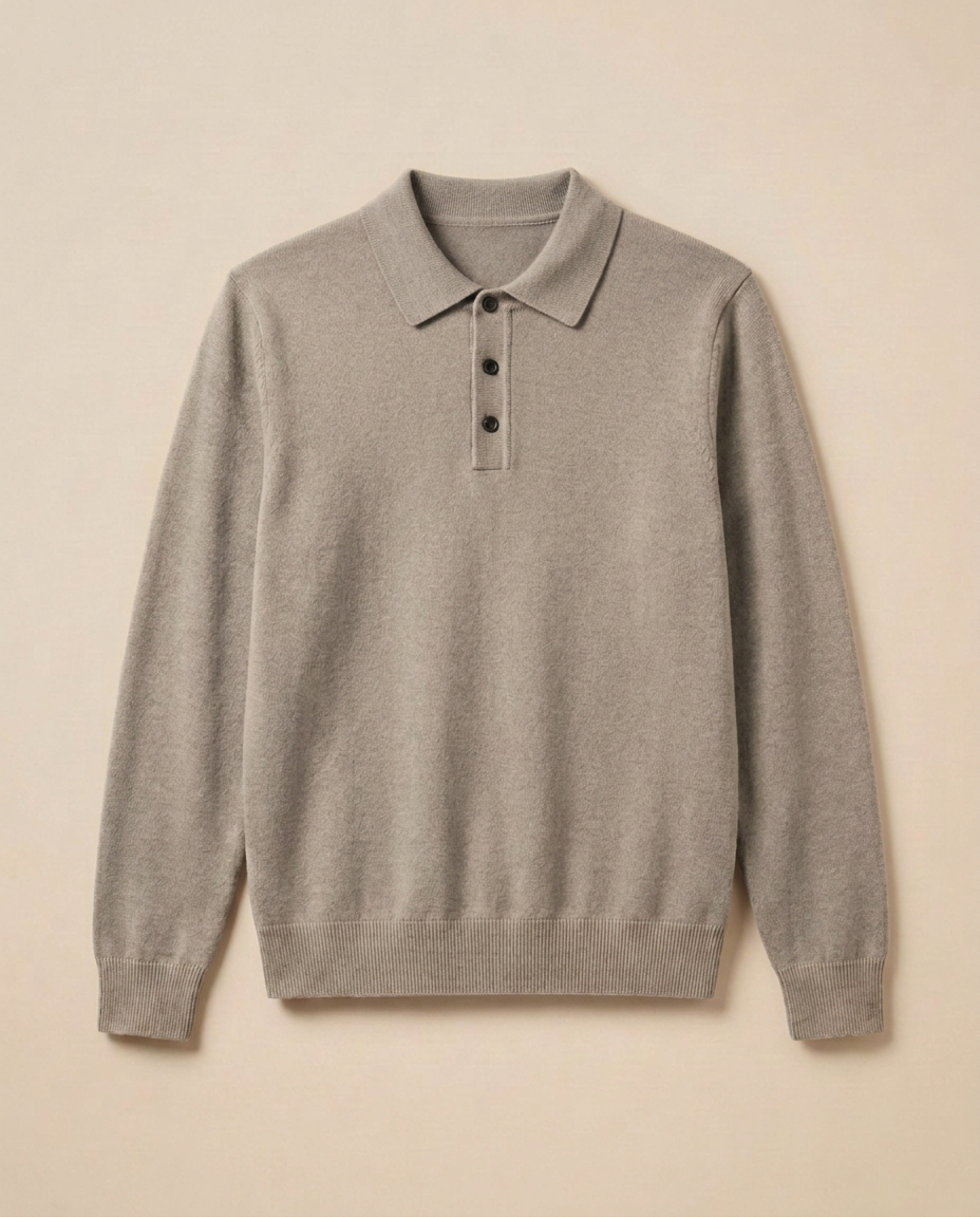 Biarritz Knit Polo in Greige, front packshot on a warm beige background