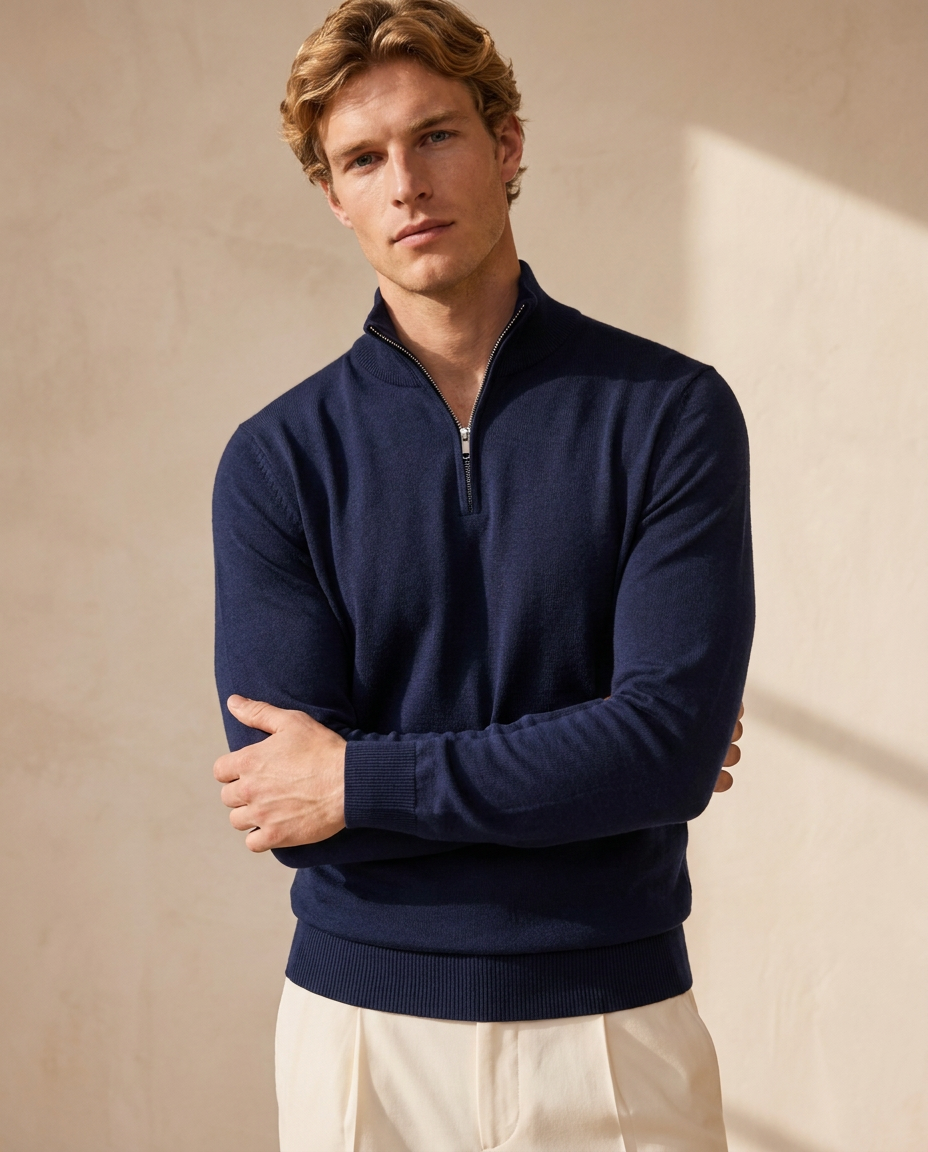 Man wearing the Zermatt Zip Sweater in Midnight Navy with cream trousers against a warm beige wall