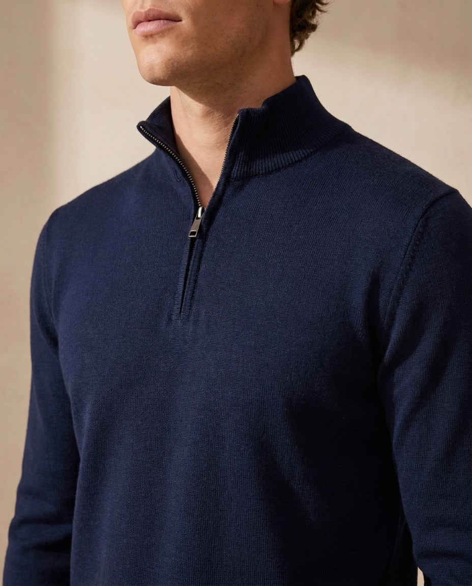 Close-up of the Zermatt Zip Sweater stand collar, zipper and knit texture