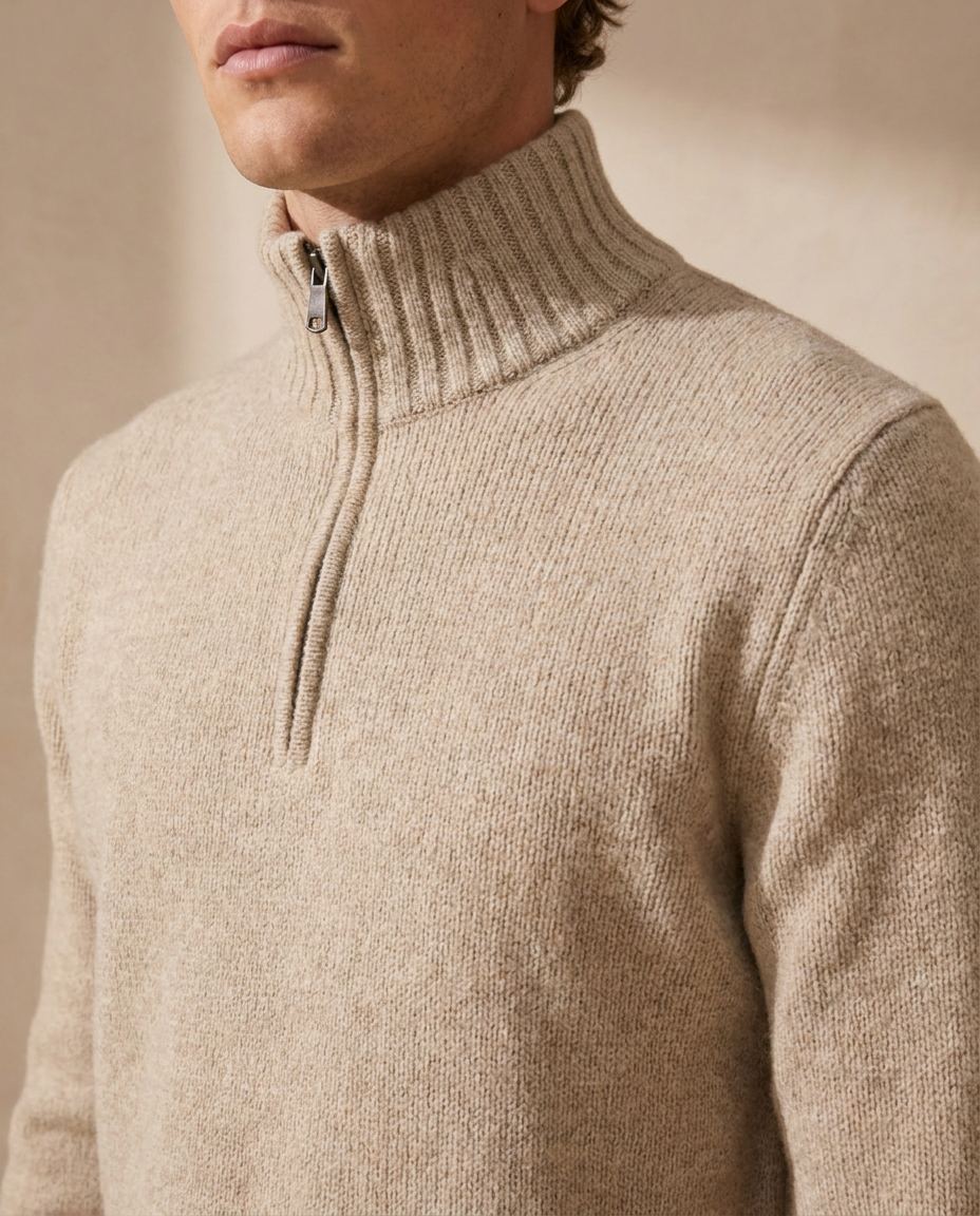 Close-up of the Gstaad Zip Sweater ribbed collar, zipper and chunky knit texture