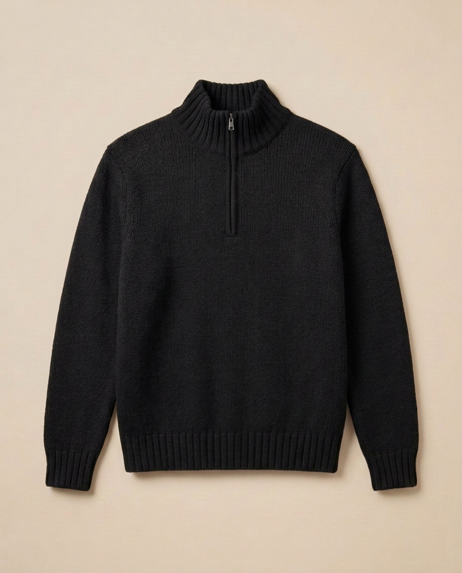 Gstaad Zip Sweater in Noir, front packshot on a warm beige background