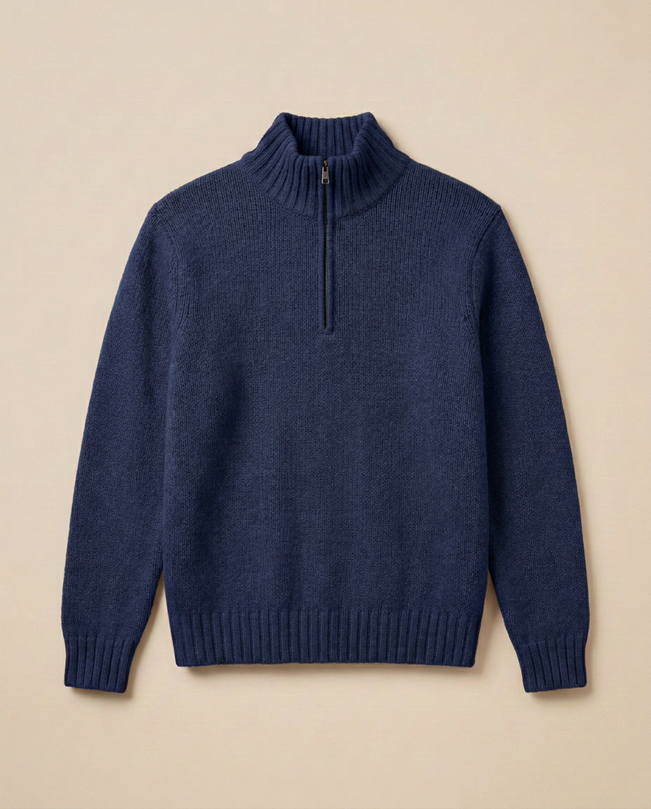 Gstaad Zip Sweater in Midnight Navy, front packshot on a warm beige background