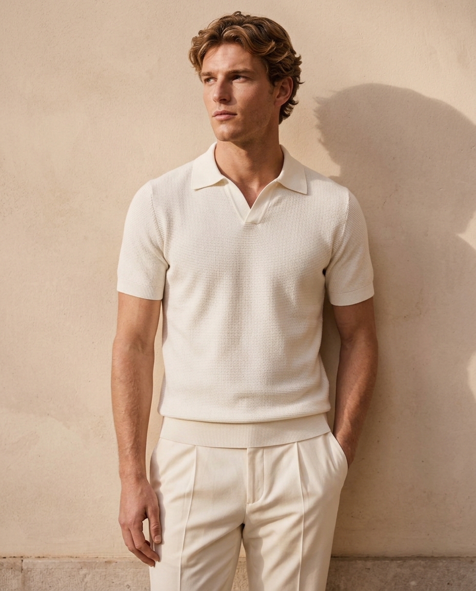 Man wearing the Amalfi Knit Polo in Pearl White with cream trousers against a warm beige wall
