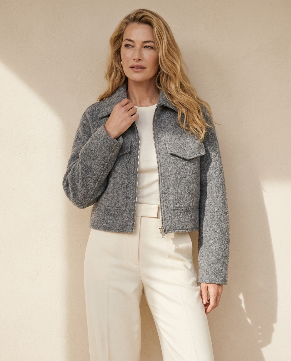 Davos Wool Zip Jacket in Grey worn by a model against a light beige wall