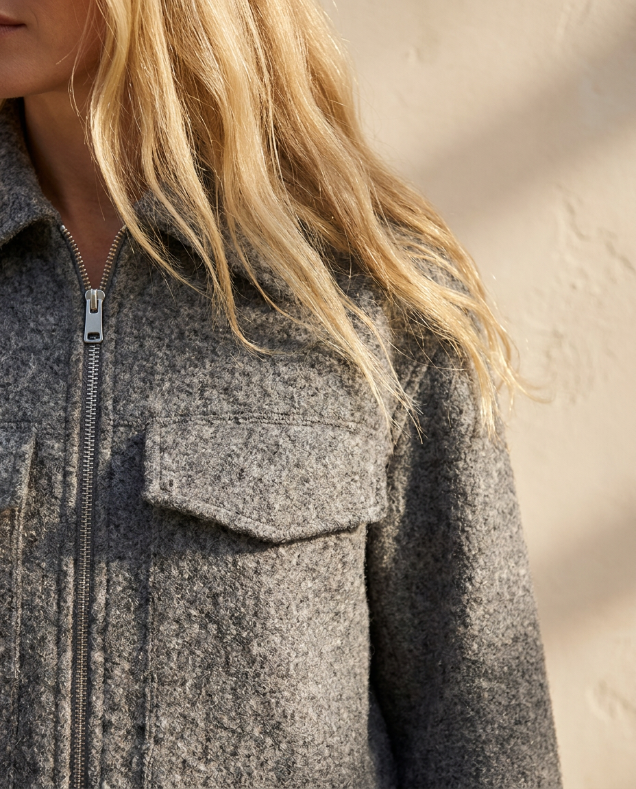 Close-up of the Davos Wool Zip Jacket in Grey showing the bouclé wool texture and silver zip