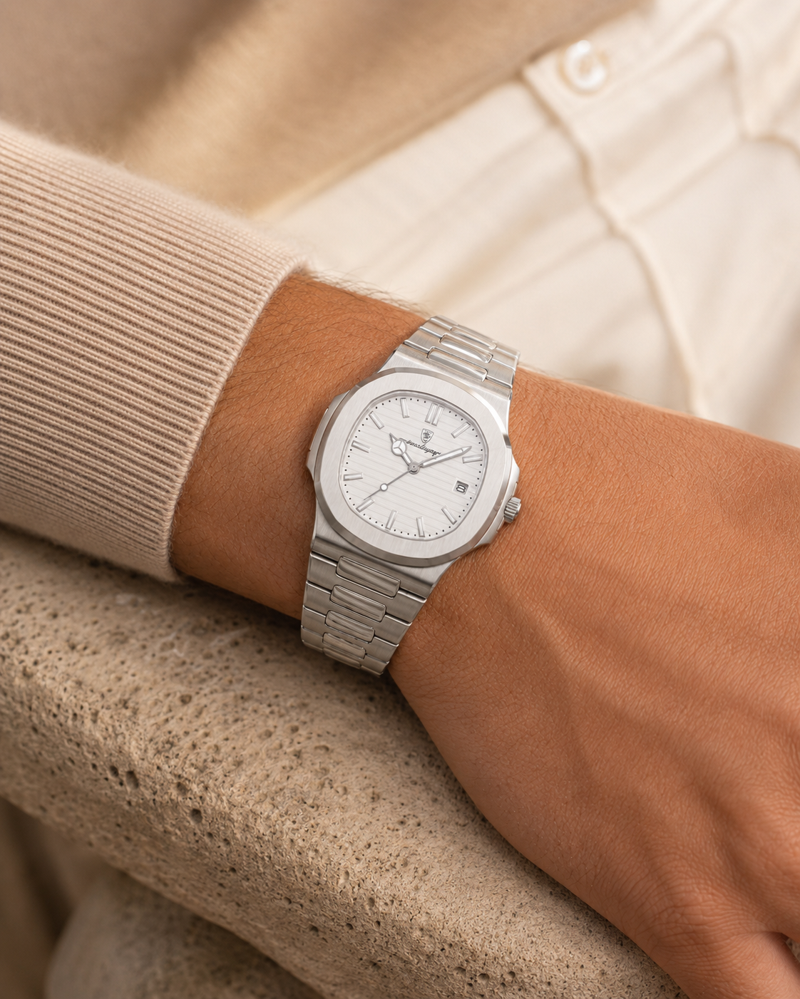 Close-up of the Lucerne Steel Watch in Pearl White on the wrist