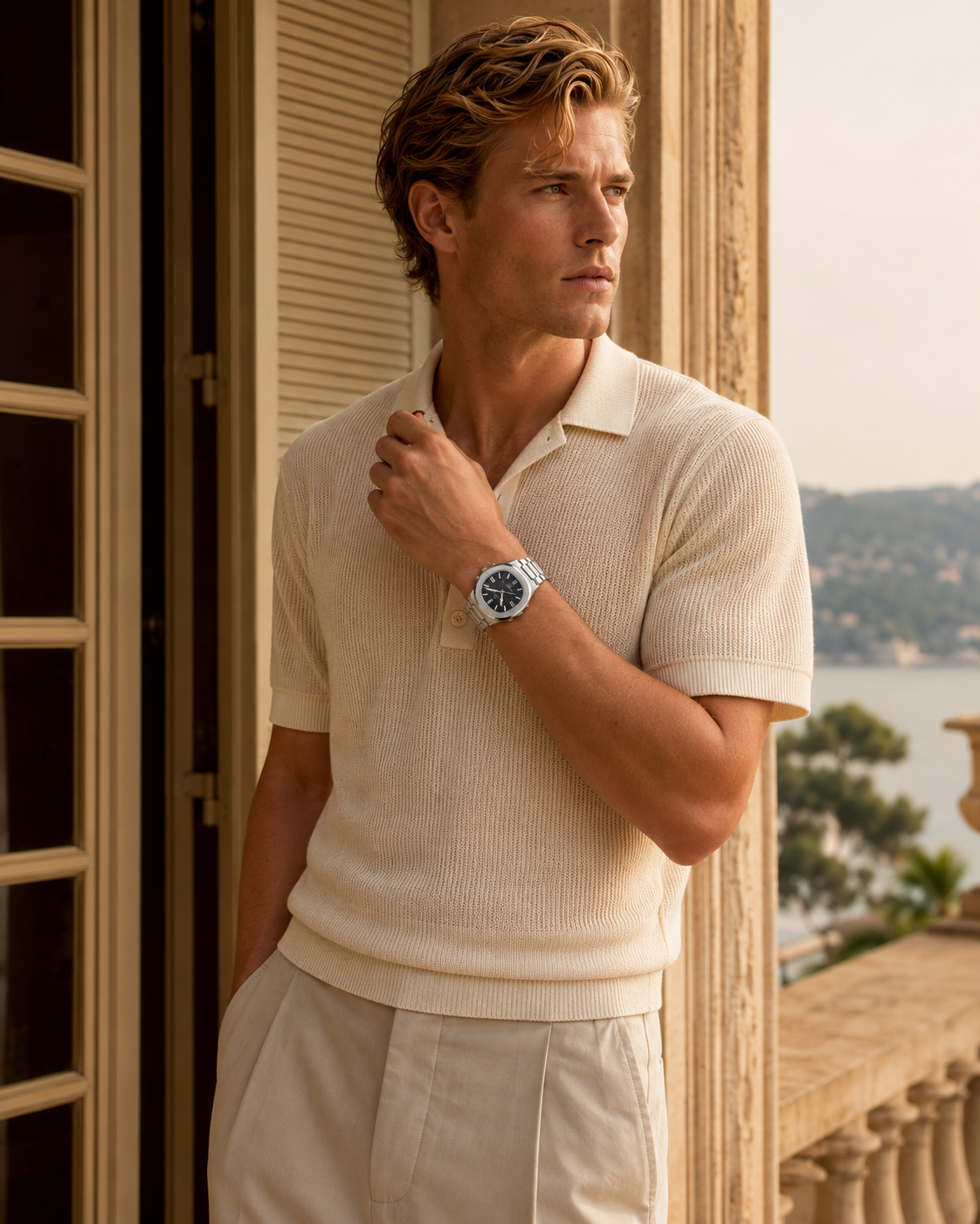 Lucerne Steel Watch in Noir worn by a model on a coastal balcony