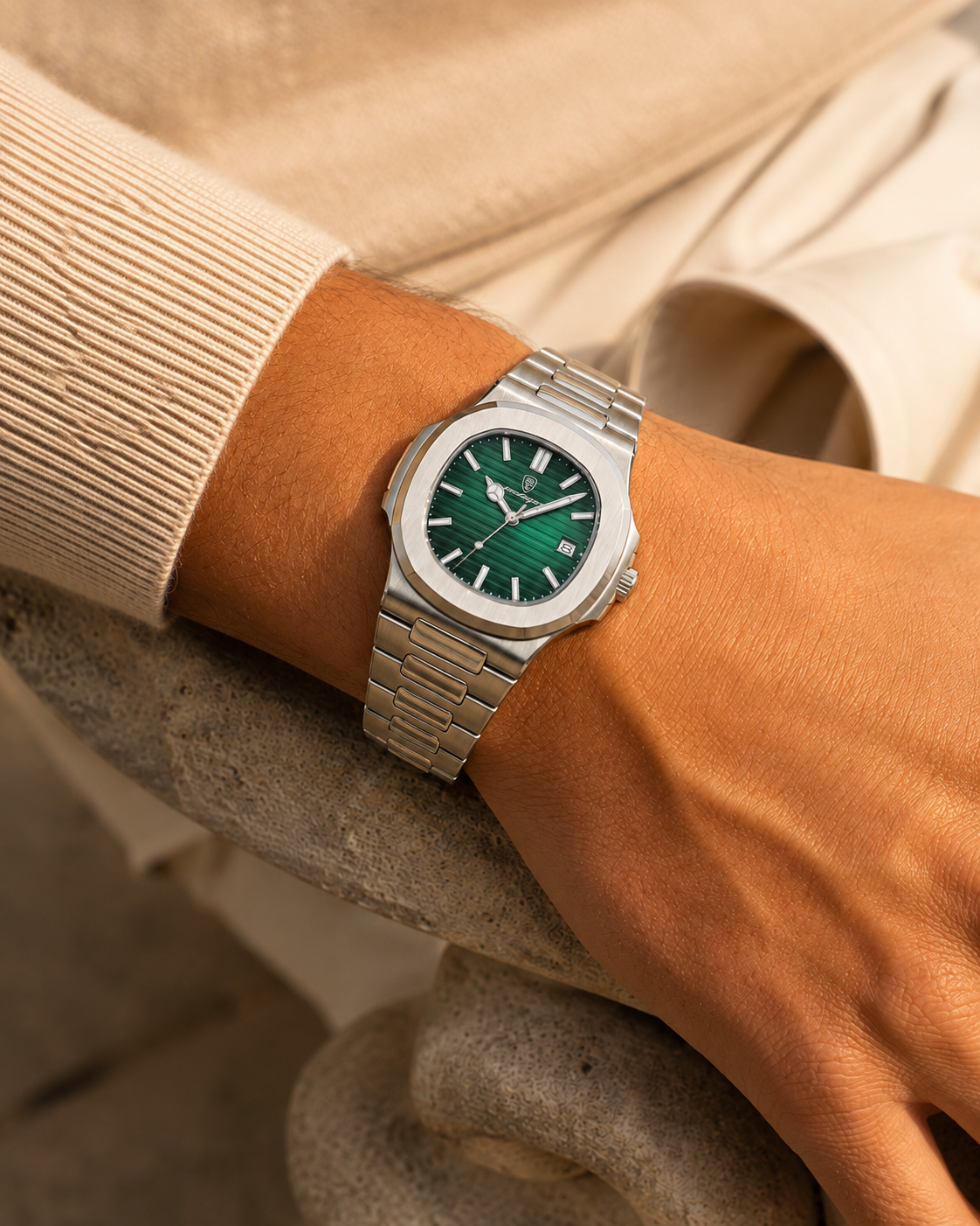 Close-up of the Lucerne Steel Watch in Emerald on the wrist