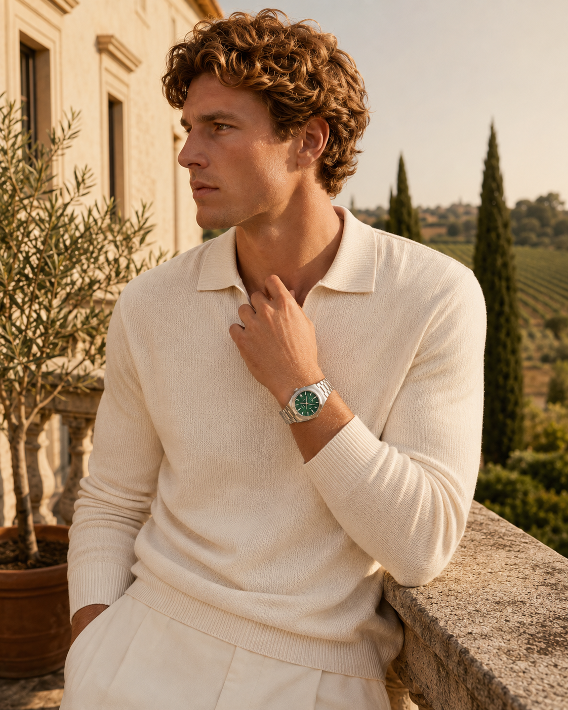 Lucerne Steel Watch in Emerald worn by a model on a Mediterranean terrace