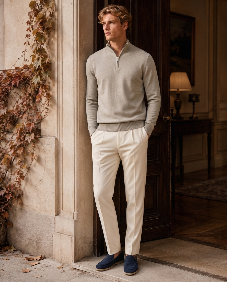 Model in the Chamonix Zip Sweater standing in a classic stone entrance with autumn ivy
