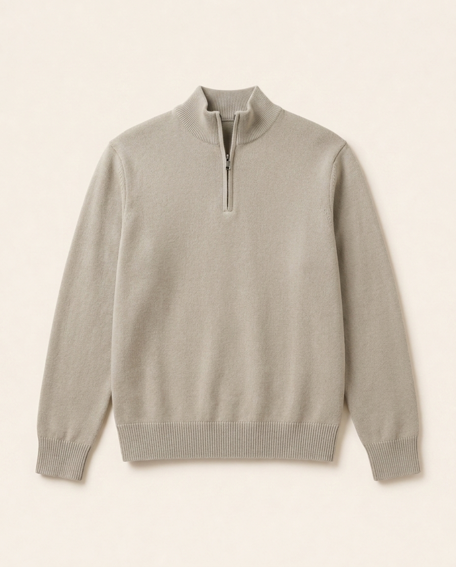 Chamonix Zip Sweater in Stone Beige, front packshot on a cream background