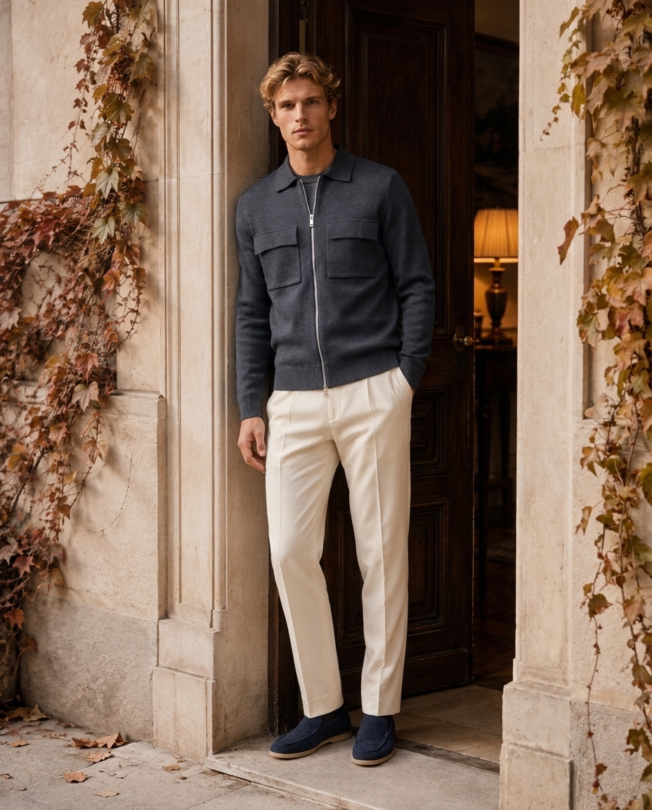 Model in the Courchevel Zip Cardigan standing in a classic stone entrance with autumn ivy