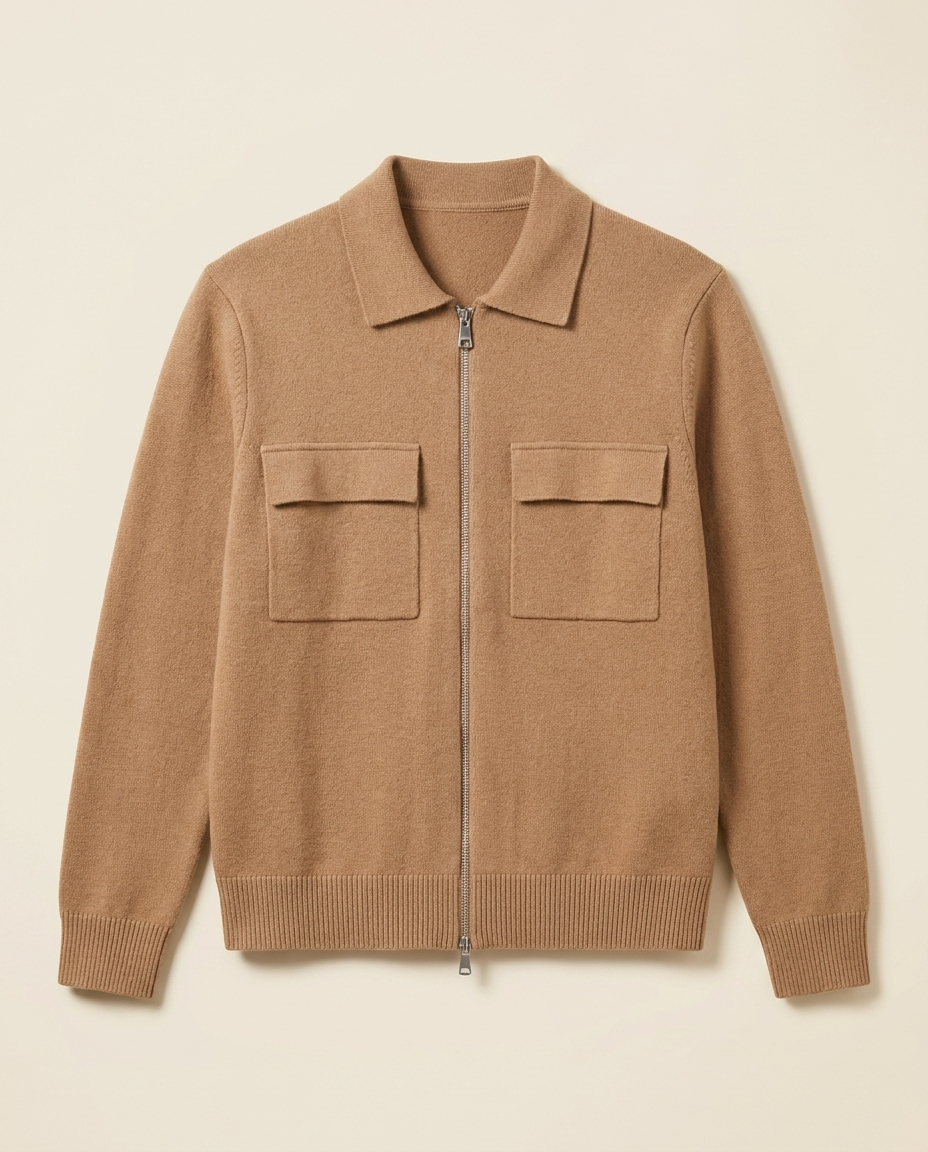 Courchevel Zip Cardigan in Camel, front packshot on a cream background
