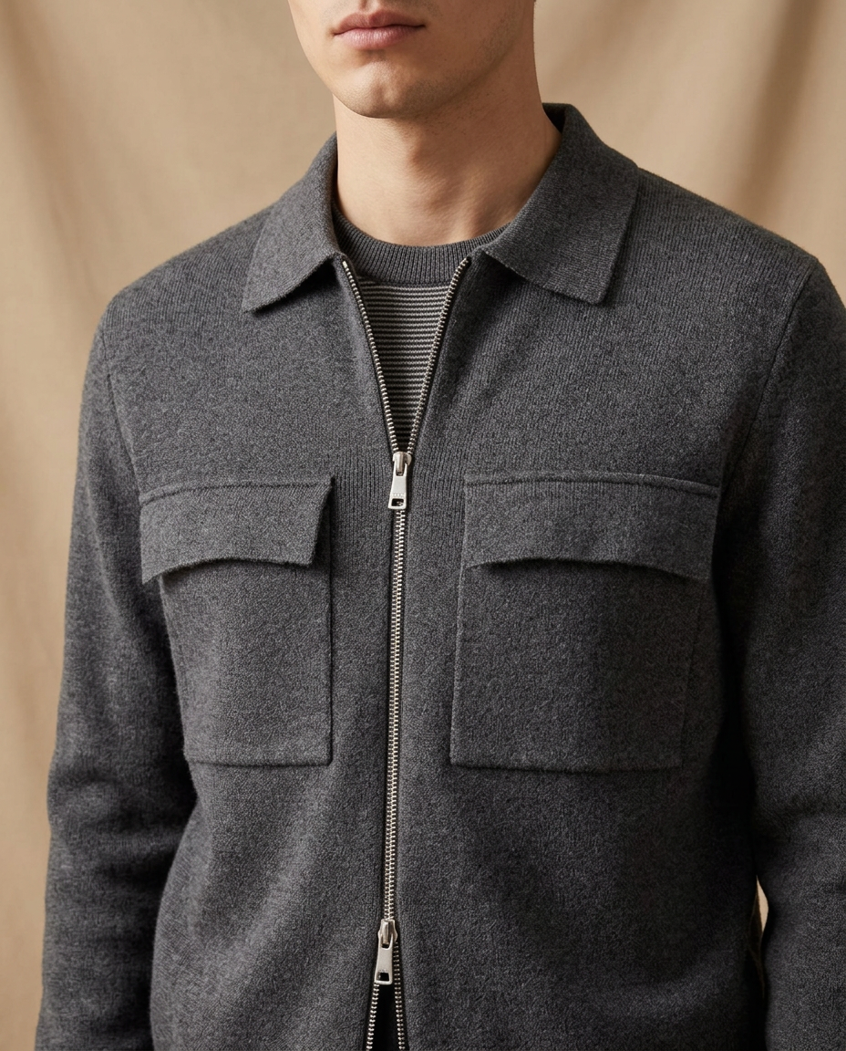 Close-up of the Courchevel Zip Cardigan collar, zipper and knit texture