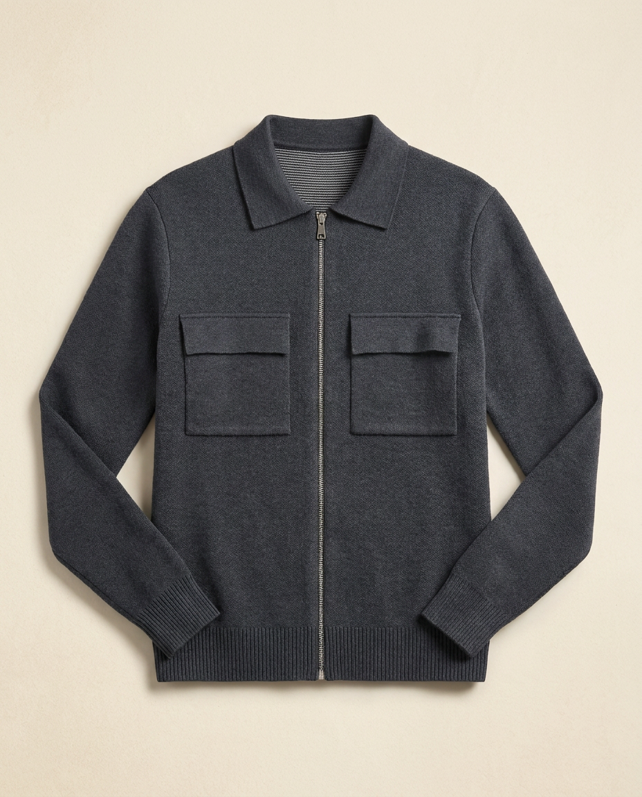 Courchevel Zip Cardigan in Dark Grey, front packshot on a cream background