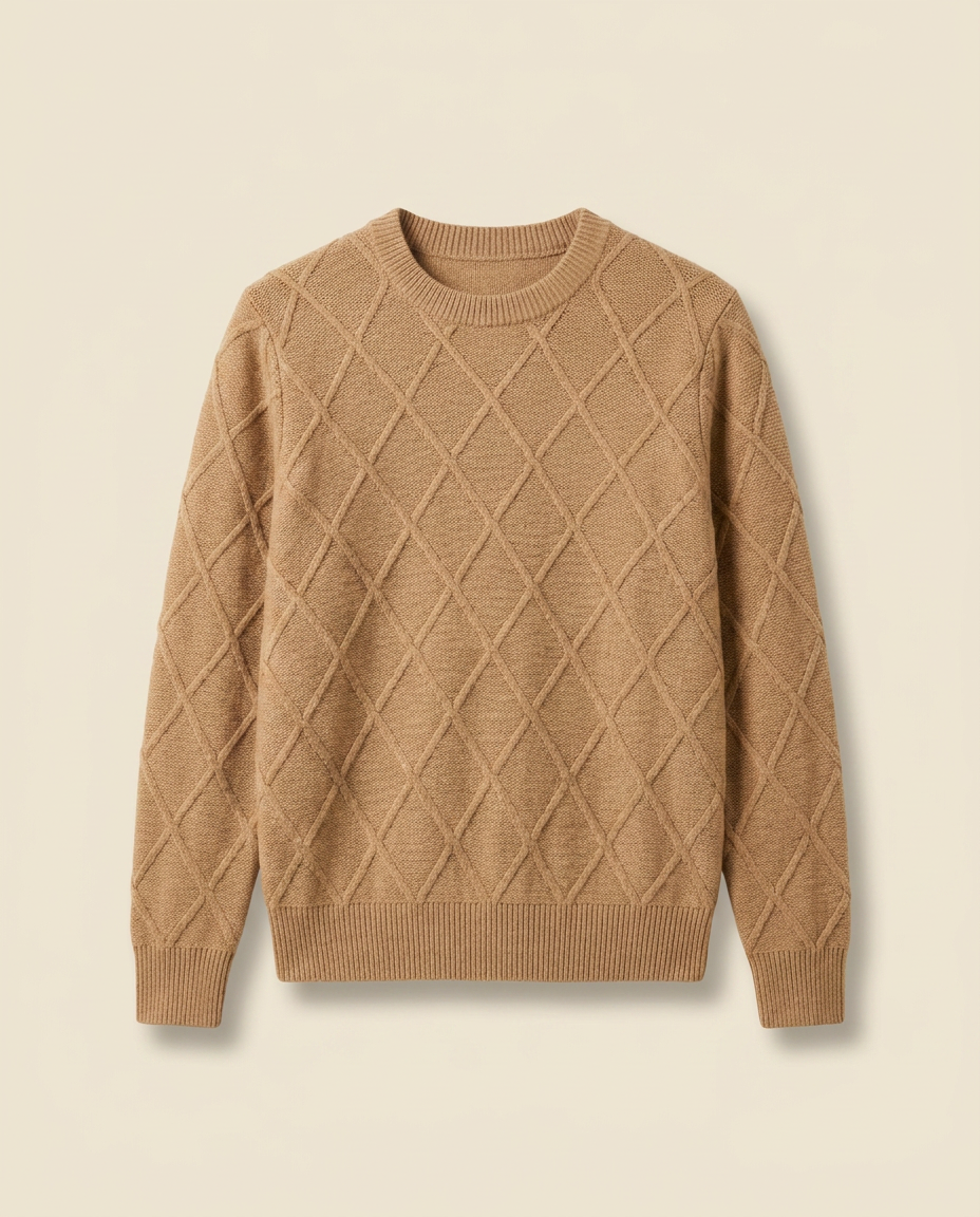 Megève Knit Sweater in Camel, front packshot on a cream background