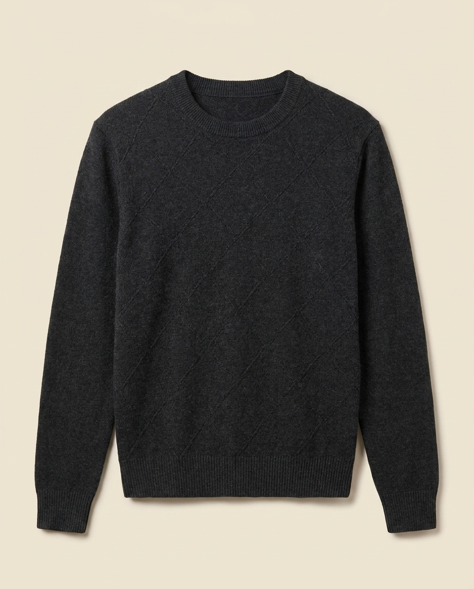 Megève Knit Sweater in Dark Grey, front packshot on a cream background