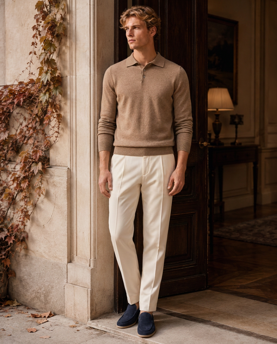 Model in the Biarritz Knit Polo standing in a classic stone entrance with autumn ivy