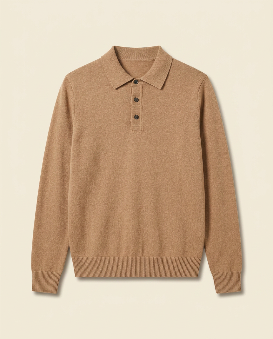 Biarritz Knit Polo in Camel, front packshot on a cream background