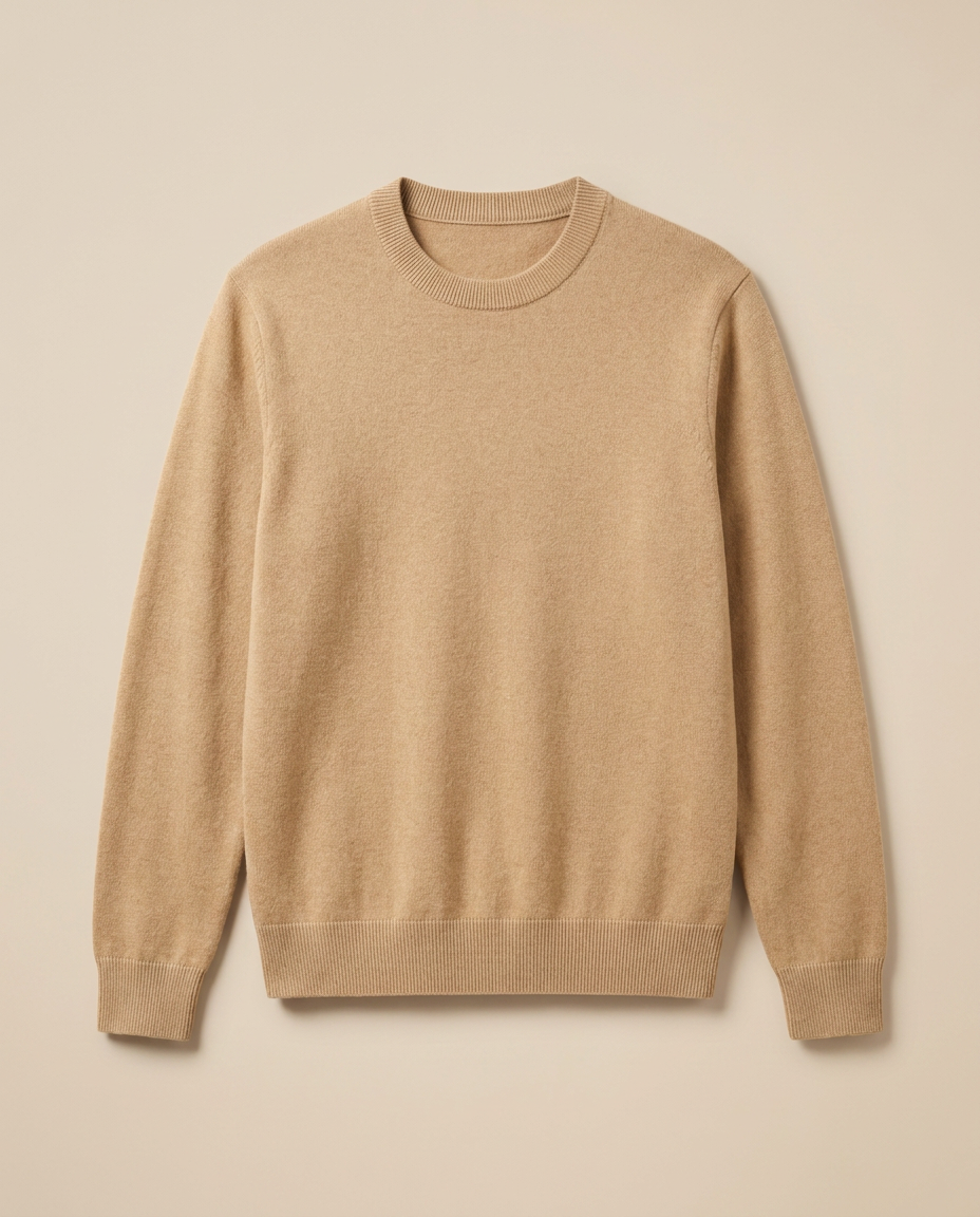 Megève Knit Sweater in Camel, front packshot on a warm beige background