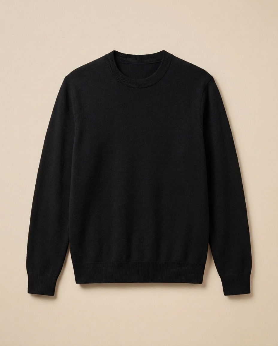 Megève Knit Sweater in Noir, front packshot on a warm beige background