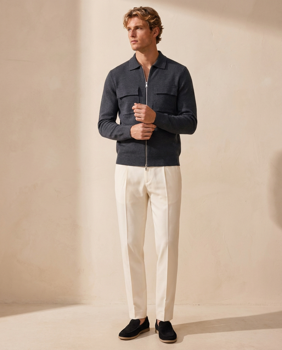 Man wearing the Courchevel Zip Cardigan in Dark Grey with cream trousers against a warm beige wall