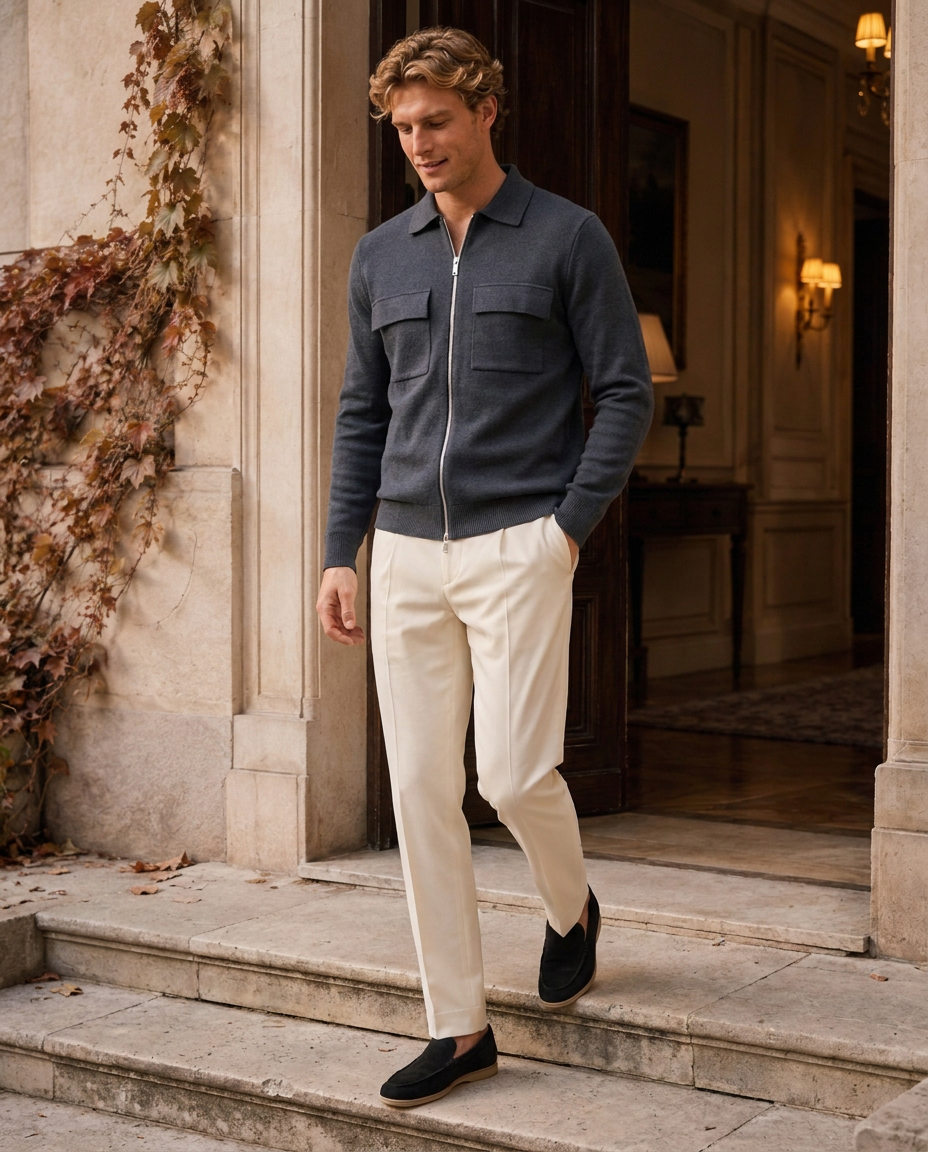 Model in the Courchevel Zip Cardigan on the stone steps of a classic manor with autumn ivy