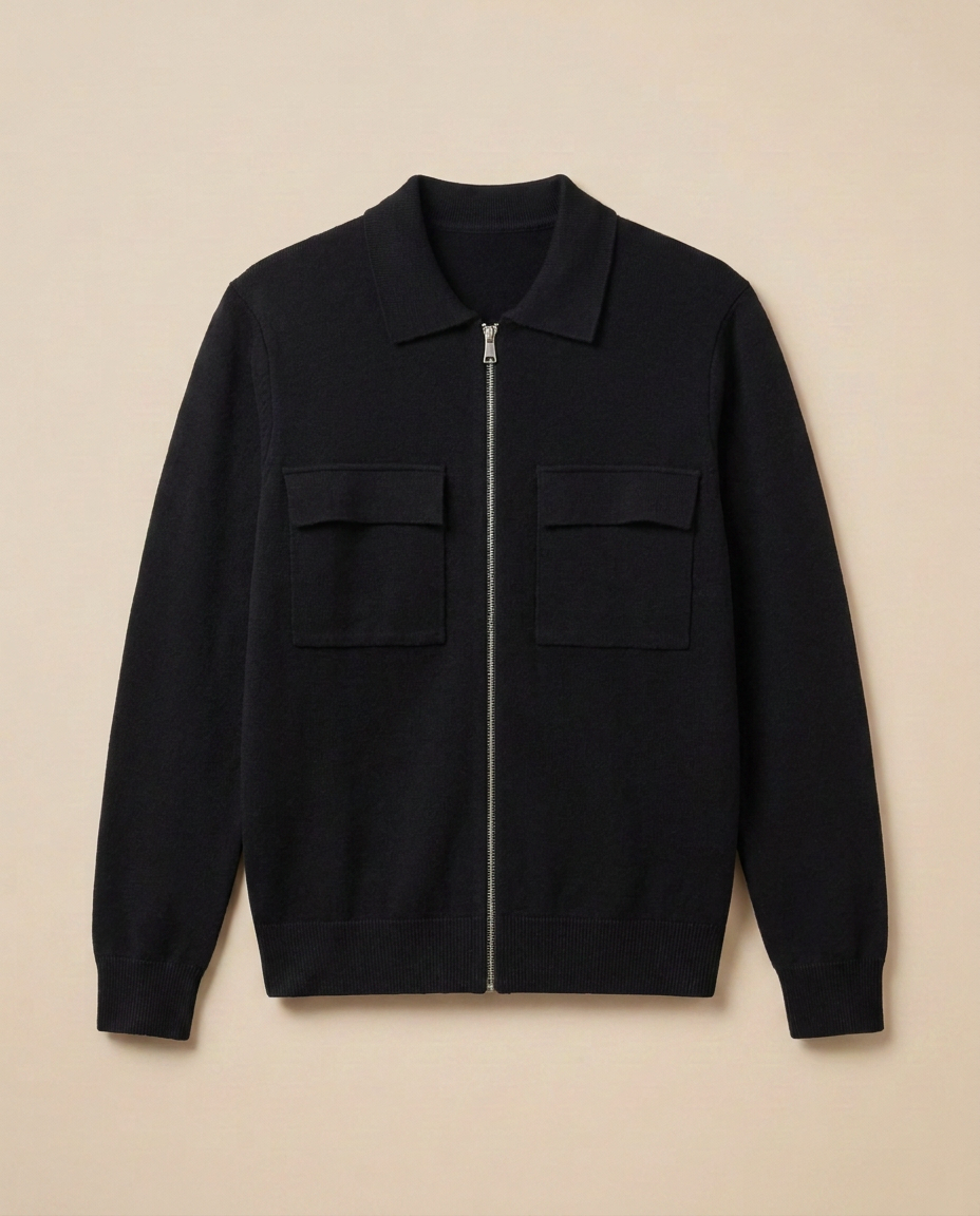 Courchevel Zip Cardigan in Noir, front packshot on a warm beige background