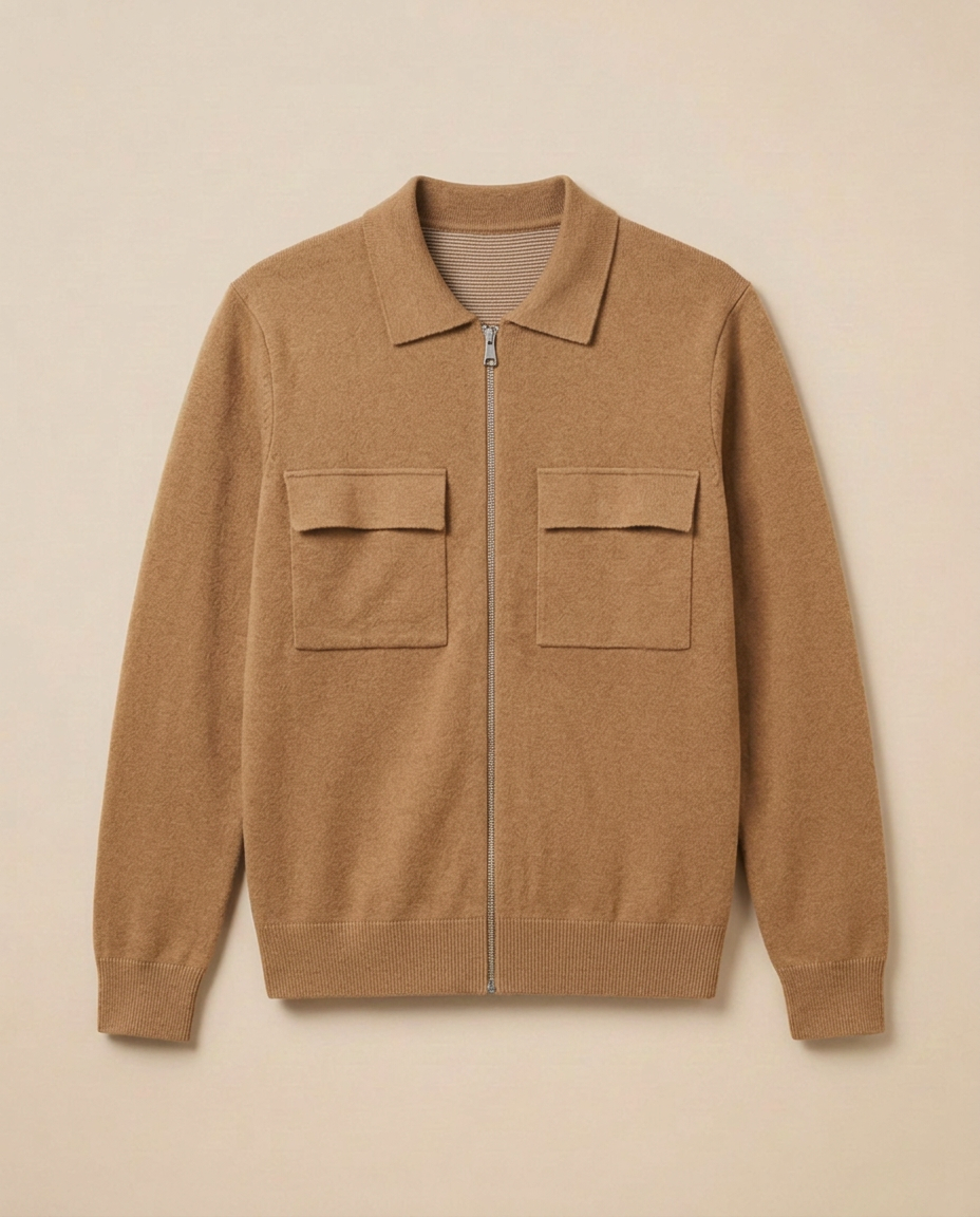 Courchevel Zip Cardigan in Camel, front packshot on a warm beige background
