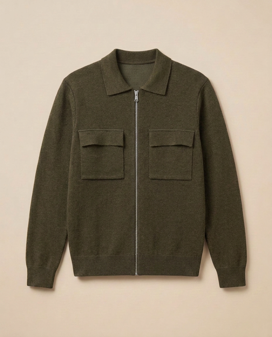 Courchevel Zip Cardigan in Olive Green, front packshot on a warm beige background